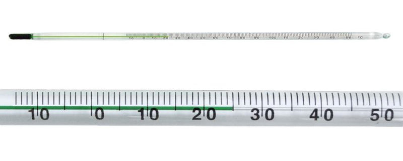 ET02.1 Termómetro de vidrio con relleno especial verde, -10 a +110 °C, Graduación: 1 °C - Quimivitalab