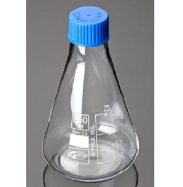 117.100-R Matraz Erlenmeyer 100 ml con rosca GL 25, vidrio borosilicato y tapa GL azul - Quimivitalab