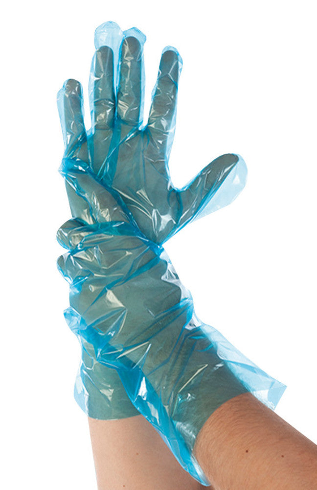 AN63.1 Guantes desechables PE Softline, elásticos, azules, 380 mm (100 uds) - Quimivitalab
