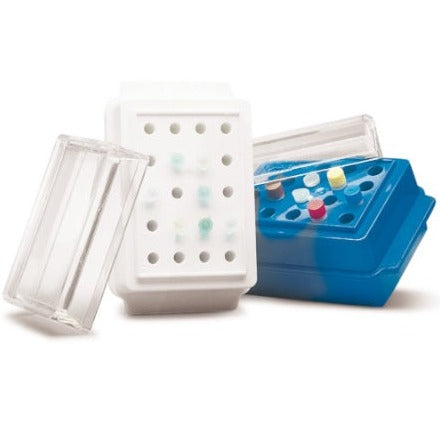 K088.1 Caja refrigeradora azul con tapa transparente, 20 ranuras para viales de 0.5 a 2 ml - Quimivitalab