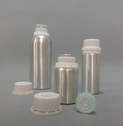 013.100-AL frasco de aluminio, 100 ml con tapa precinto y obturador con anillo de apertura (10 uds) - Quimivitalab