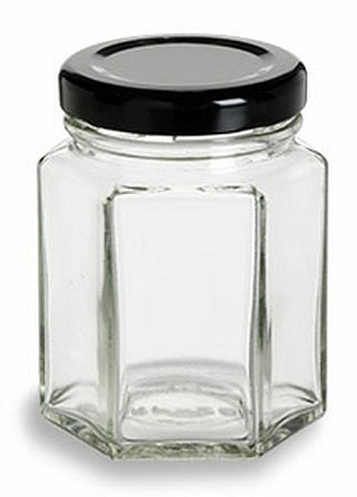 008.180-H Bote hexagonal de vidrio, 180 ml, con tapa metálica tipo twist off negra (25 uds) - Quimivitalab